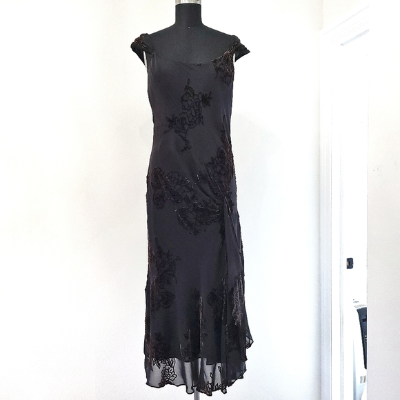 Vintage Dresses & Skirts - Vintage Y2K Silk Romantic Dark Floral Velvet Burnout Midi Dress